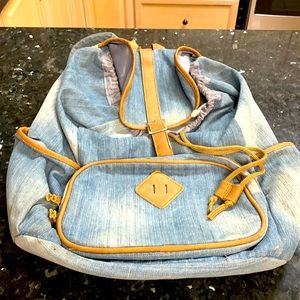 Large Denim Blue Brown Backpack